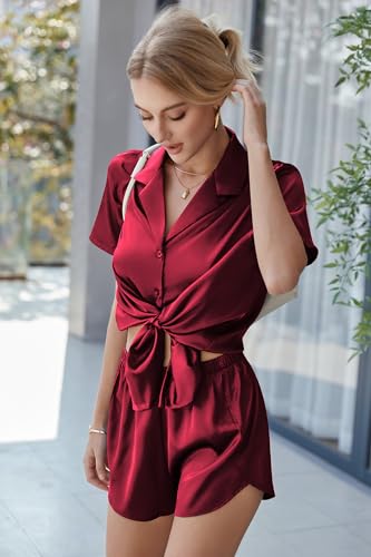 Ekouaer Silk Pajama Sets Womens Short Sleeve Sleepwear Satin 2 Piece Button Down Loungewear Pjs Shorts Set S-XXL - Image 5