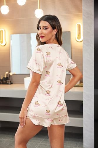 Ekouaer Silk Pajamas for Women Short Sleeve Satin Sleepwear Two-piece Pjs Set Soft V Neck Loungewear,S-XXL - Image 6