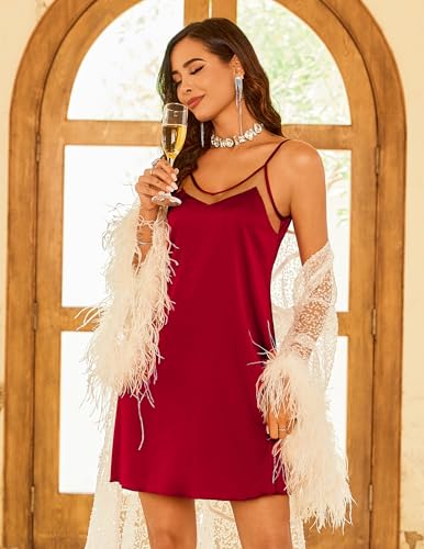 Ekouaer Womens 2 Pack Silk Nightgowns Sexy Lingerie Sleepwear Satin Negligee Chmeise Nighty Mesh V Neck Nightwear - Image 6