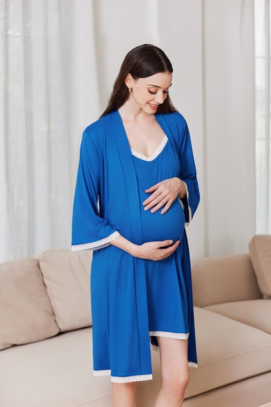 Ekouaer Women's Nightgown and Robe Set 3/4 Sleeves Robes 2 Piece Bathrobe Set V-neck Lace Cami Sleepwear with Pockets Royal Blue Medium - Image 4