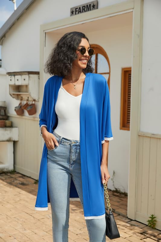 Ekouaer Women's Nightgown and Robe Set 3/4 Sleeves Robes 2 Piece Bathrobe Set V-neck Lace Cami Sleepwear with Pockets Royal Blue Medium - Image 5