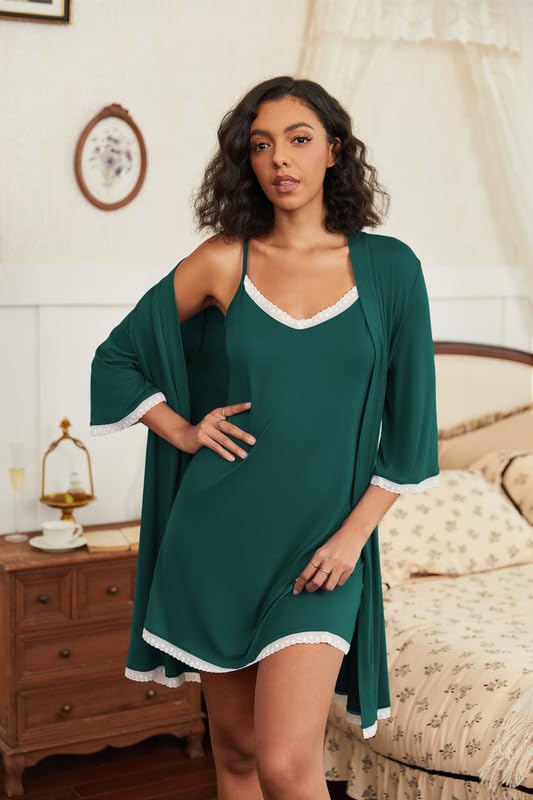 Ekouaer Women's Nightgown and Robe Set 3/4 Sleeves Robes 2 Piece Bathrobe Set V-neck Lace Cami Sleepwear with Pockets S-2XL - Image 3