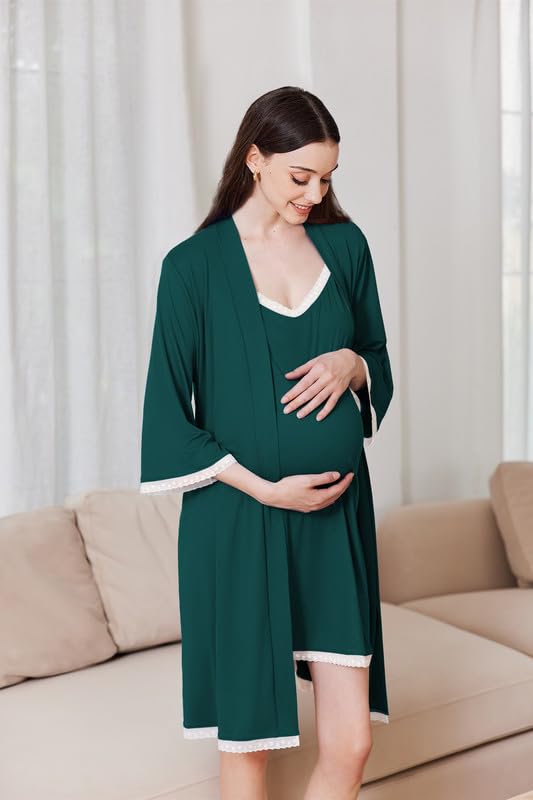 Ekouaer Women's Nightgown and Robe Set 3/4 Sleeves Robes 2 Piece Bathrobe Set V-neck Lace Cami Sleepwear with Pockets S-2XL - Image 4