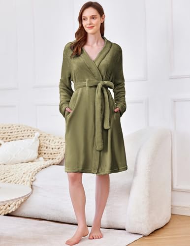 Ekouaer Women's Robes Short Plush Bathrobe Knee Length Warm Soft Jacquard Robe Winter House Coat with Pockets S-XXL - Image 3