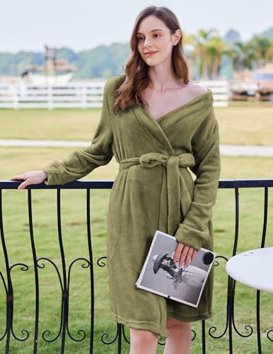 Ekouaer Women's Robes Short Plush Bathrobe Knee Length Warm Soft Jacquard Robe Winter House Coat with Pockets S-XXL - Image 4