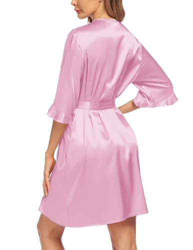Ekouaer Women's Satin Robe Valentines Lingerie for Women Kimono Bathrobe Short Ruffle Belted Robes Bridesmaids Sleepwear - Image 4