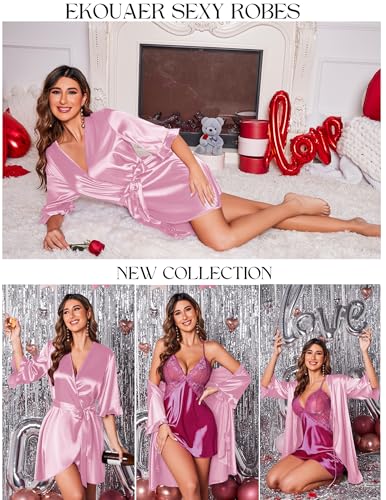 Ekouaer Women's Satin Robe Valentines Lingerie for Women Kimono Bathrobe Short Ruffle Belted Robes Bridesmaids Sleepwear - Image 5