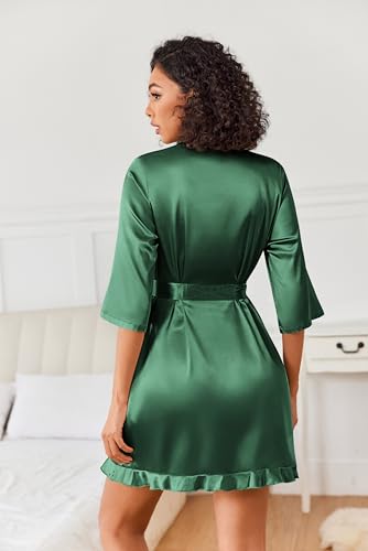Ekouaer Women's Satin Robes Silk Kimono Bath Robe Short Ruffled Hem Bride Bridesmaid Sleepwear with Pockets - Image 3