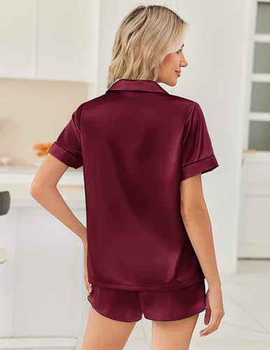 Ekouaer Womens Satin Silk Pajamas for Women Set Button Down Short Sleeve Top and Split Shorts Pjs Sets Soft Sleepwear, Wine Red, X-Large - Image 3