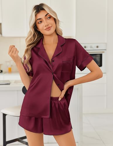 Ekouaer Womens Satin Silk Pajamas for Women Set Button Down Short Sleeve Top and Split Shorts Pjs Sets Soft Sleepwear, Wine Red, X-Large - Image 4