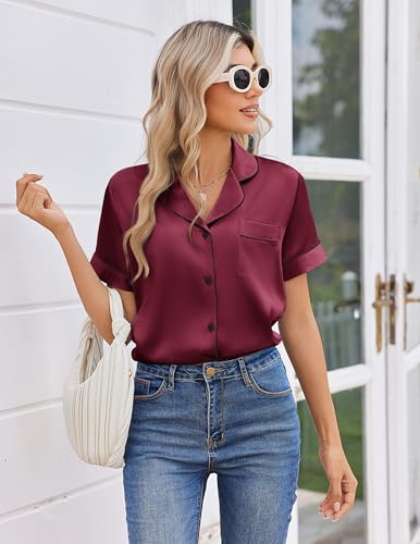 Ekouaer Womens Satin Silk Pajamas for Women Set Button Down Short Sleeve Top and Split Shorts Pjs Sets Soft Sleepwear, Wine Red, X-Large - Image 6