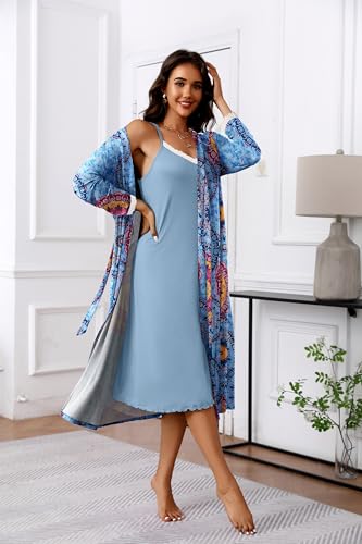 Ekouaer Women's Sexy Nightgown with Robes Set 2 Piece Lace Full Length Knit Soft Nightwear Lightweight Bathrobes S-XXL - Image 3