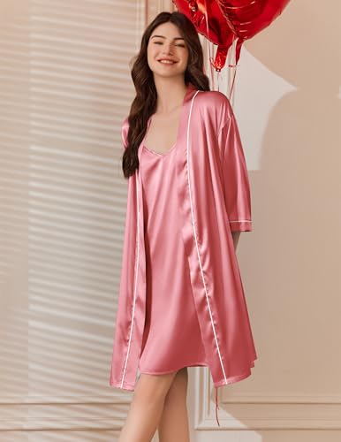 Ekouaer Women's Silk Robe Set V Neck 2 Piece Satin Bathrobes 3/4 Sleeves Bridal Sleepwear Sexy Cami Nightgown - Image 4