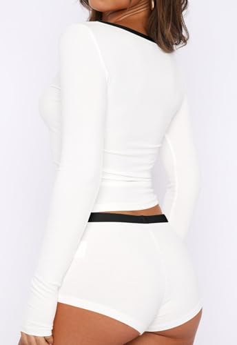 Ezbelle Lounge Set Women's V Neck Pajama Button Shirt Two Piece Knit Long Sleeve Pjs Short Cozy Fall Outfits 2026 - Image 4