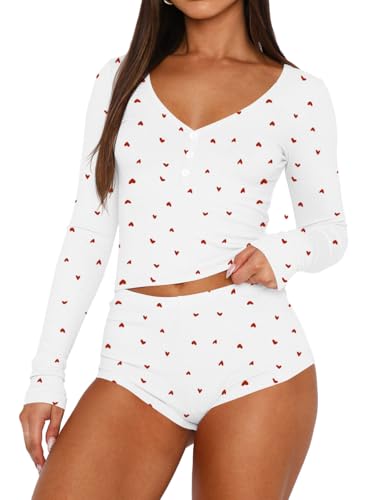 Ezbelle Lounge Set Women's V Neck Pajama Sets Ribbed Knit Button Down Shirt Long Sleeve 2 Piece Outfit Shorts Floral Graphic - Image 3