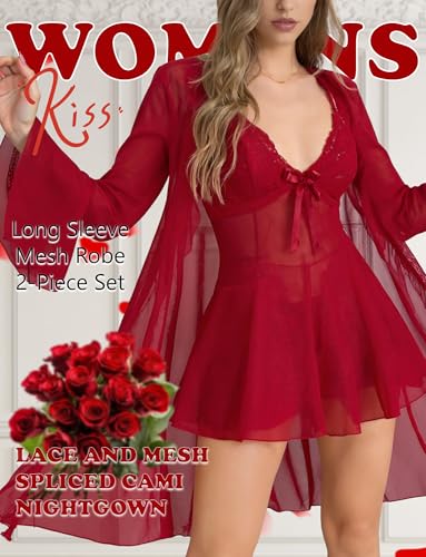 FEOYA Women's Mesh Sheer Pajama Set Nightgown with Robes 2 Piece Sexy Cami Lace Nightdress with Robe Sleepwear - Image 3