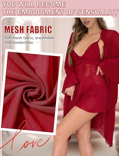 FEOYA Women's Mesh Sheer Pajama Set Nightgown with Robes 2 Piece Sexy Cami Lace Nightdress with Robe Sleepwear - Image 5