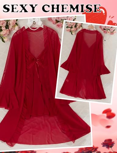 FEOYA Women's Mesh Sheer Pajama Set Nightgown with Robes 2 Piece Sexy Cami Lace Nightdress with Robe Sleepwear - Image 6