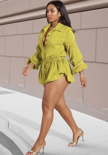 Fall Rompers for Women 2025 Casual Ruched Drawstring Long Sleeve Bodycon One Piece Jumpsuit Shorts Romper - Image 4