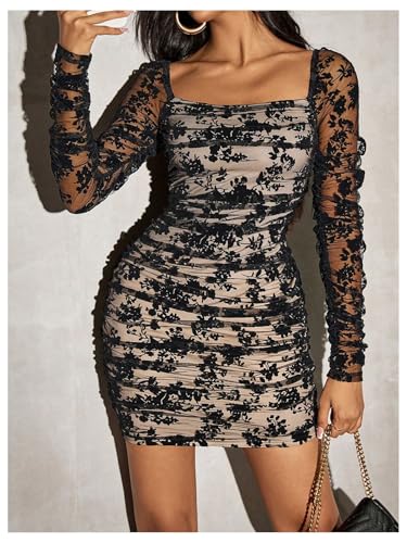 Floerns Women's Sequin Mesh Long Sleeve Square Neck Ruched Mini Bodycon Dress - Image 7