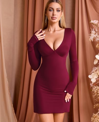 GLNEGE Long Sleeve V-Neck Bodycon Mini Dresses Sexy Backless Cocktail Party Club Night Out Dress for Women - Image 3
