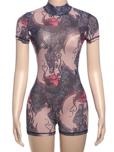 HESUUIO Sexy Jumpsuits for Women Mesh Print Short Sleeve Backless Bodycon Jumpsuit Romper One Piece Club Outfit - Image 7