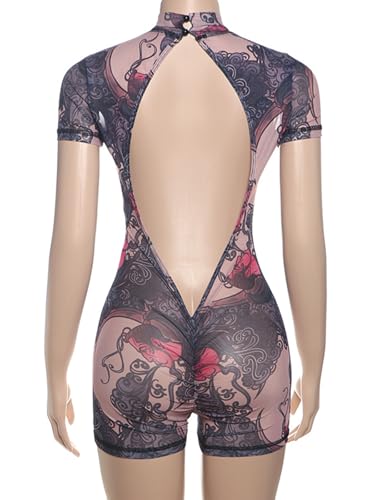 HESUUIO Sexy Jumpsuits for Women Mesh Print Short Sleeve Backless Bodycon Jumpsuit Romper One Piece Club Outfit - Image 8