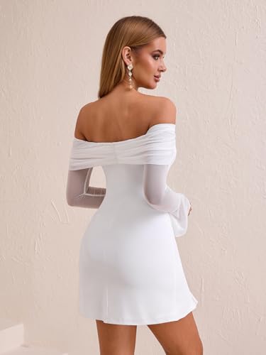 HTZMO Women Long Sleeve Sexy Off Shoulder Bodycon Mini Dress Ruched Side Slit Homecoming Going Out Party Short Dresses - Image 3
