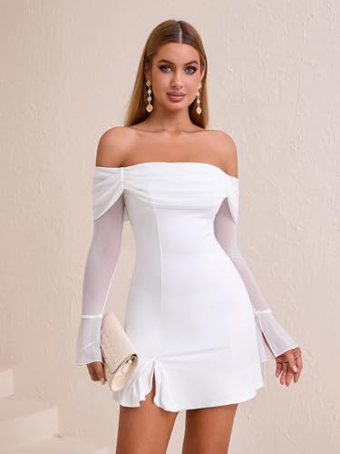 HTZMO Women Long Sleeve Sexy Off Shoulder Bodycon Mini Dress Ruched Side Slit Homecoming Going Out Party Short Dresses - Image 4