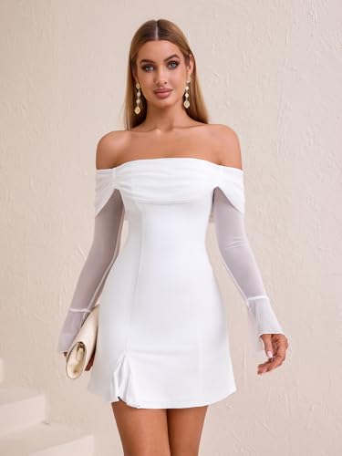 HTZMO Women Long Sleeve Sexy Off Shoulder Bodycon Mini Dress Ruched Side Slit Homecoming Going Out Party Short Dresses - Image 5
