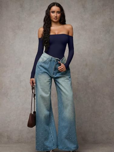 HYZ Women's Sexy Off The Shoulder Long Sleeve Backless Basic Going Out Thong Bodysuit Tops - Image 4