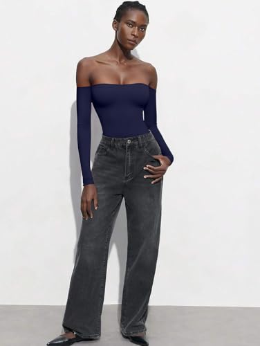 HYZ Women's Sexy Off The Shoulder Long Sleeve Backless Basic Going Out Thong Bodysuit Tops - Image 5