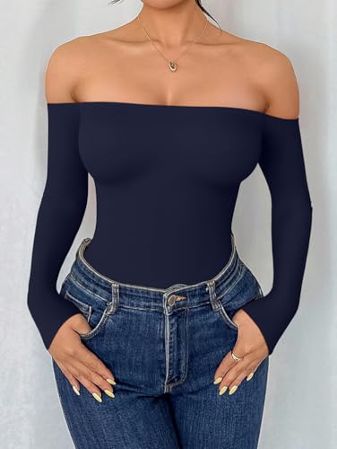 HYZ Women's Sexy Off The Shoulder Long Sleeve Backless Basic Going Out Thong Bodysuit Tops - Image 6