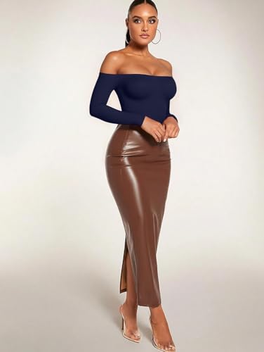 HYZ Women's Sexy Off The Shoulder Long Sleeve Backless Basic Going Out Thong Bodysuit Tops - Image 7