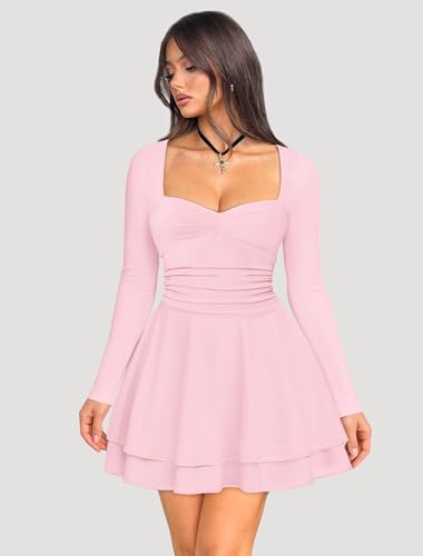 IWD Women's Square Neck Long Sleeve Mini Dress Ruched Corset Waist Tiered Ruffle Hem A Line Short Party Dresses - Image 3