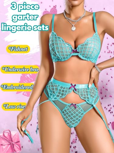 Kaei&Shi Sheer Lingerie Garter Set,Satin Bow Embroidered Sexy Lingerie For Women,Boudoir Outfits Photography Date Night - Image 3