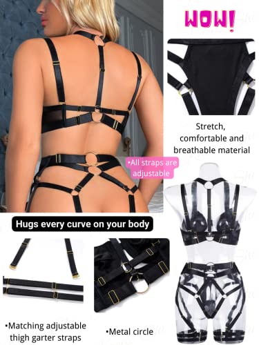 Kaei&Shi Strappy Harness, All Adjustable, Underwire Racerback, 4pc Garter Set - Image 4