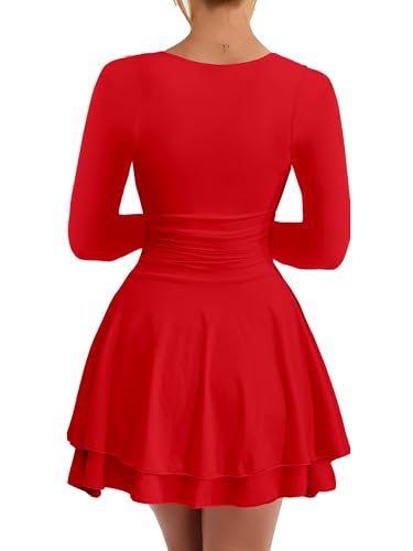 Kaximil Women's Long Sleeve Square Neck Mini Dress Ruched Ruffle Corset A Line Party Short Dresses - Image 3