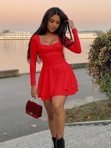Kaximil Women's Long Sleeve Square Neck Mini Dress Ruched Ruffle Corset A Line Party Short Dresses - Image 6