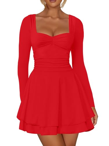 Kaximil Women's Long Sleeve Square Neck Mini Dress Ruched Ruffle Corset A Line Party Short Dresses