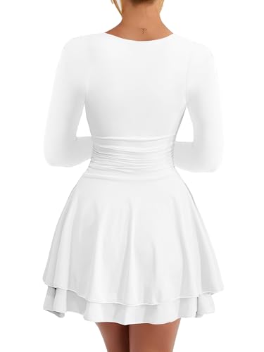 Kaximil Women's Sexy Long Sleeve V Neck Mini Dress Ruched A Line Flowy Cocktail Party Short Dresses - Image 3