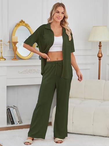 Kikibell Womens Pajama Sets 2 Piece Outfits Lounge Pjs Waffle Knit Sleepwear Button Down Shirts Wide Leg Pants with Pockets - Image 6