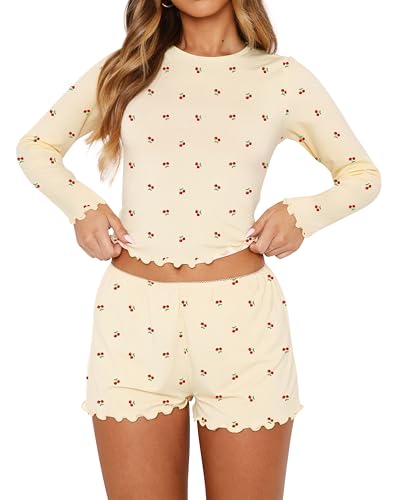 Lacozy Cute Pajama Sets for Women 2 Piece Cherry Graphic Sexy Pj sets for woman Long Sleeve Crop Top Y2k Fall Outfit