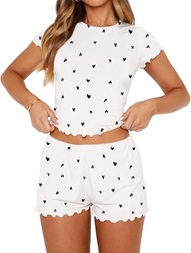 Lacozy Cute Pajamas for Women Set 2 Piece Short Sleeve Pjs Floral Graphic Crop Top Y2K Summer Sleepwear Lounge Set