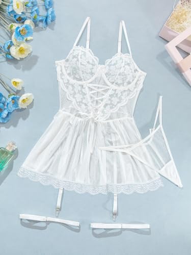 Lilosy Sexy Garter Belt Mesh Lace Babydoll Lingerie Dress Set with Thong - Image 6