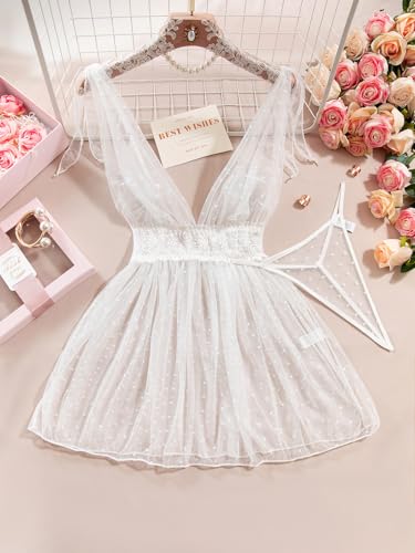 Lilosy Sexy Polka Dots Mesh Sheer Lace Babydoll Chemise Lingerie Set Floral Sleep Wear - Image 5