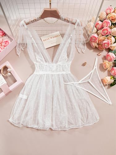 Lilosy Sexy Polka Dots Mesh Sheer Lace Babydoll Chemise Lingerie Set Floral Sleep Wear - Image 6