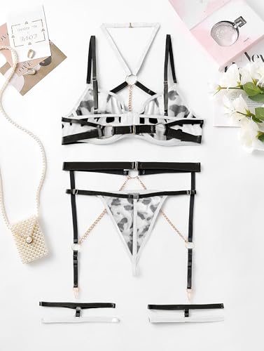 Lilosy Sexy Pu Leather Strappy Underwire Garter Belt Lingerie Set - Image 7