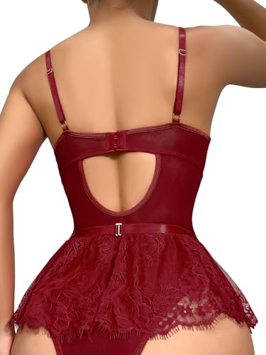 Lilosy Sexy Stocking Rhinestones Heart Garter Underwire Floral Mesh lace Sheer Babydoll Lingerie Teddy Bodysuit Skirt Set - Image 3