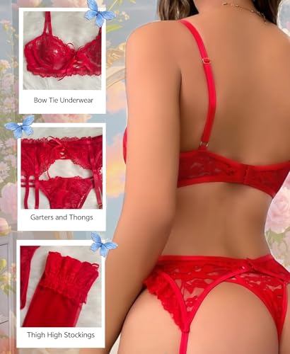 Lingerie for Women 4 Piece Garter Belt Lingerie Set Floral Lace Bra and Panty with Stockings - Image 3